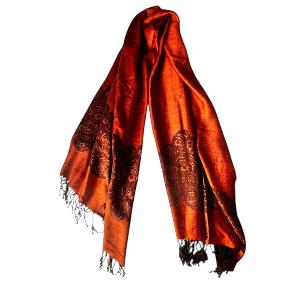 100% Cashmere Rox Scarf With Rose Pattern 27"x71" & 3" Fringe Orange Brown - Picture 4 of 10